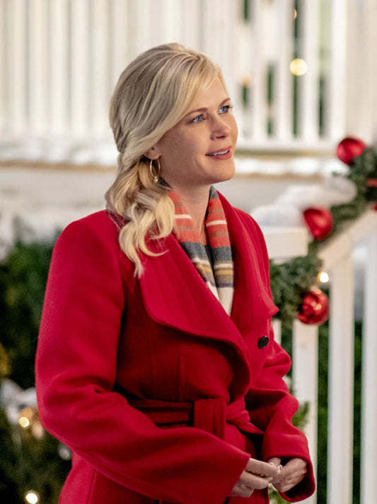 woman wearing Summer Red Wool Coat inspired by Alison Sweeney Christmas