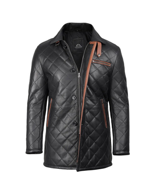 Men's Black Quilted Leather Car Coat With Brown Detailing
