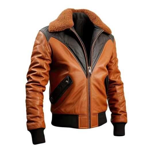 Brown leather jacket with black accents on a white background