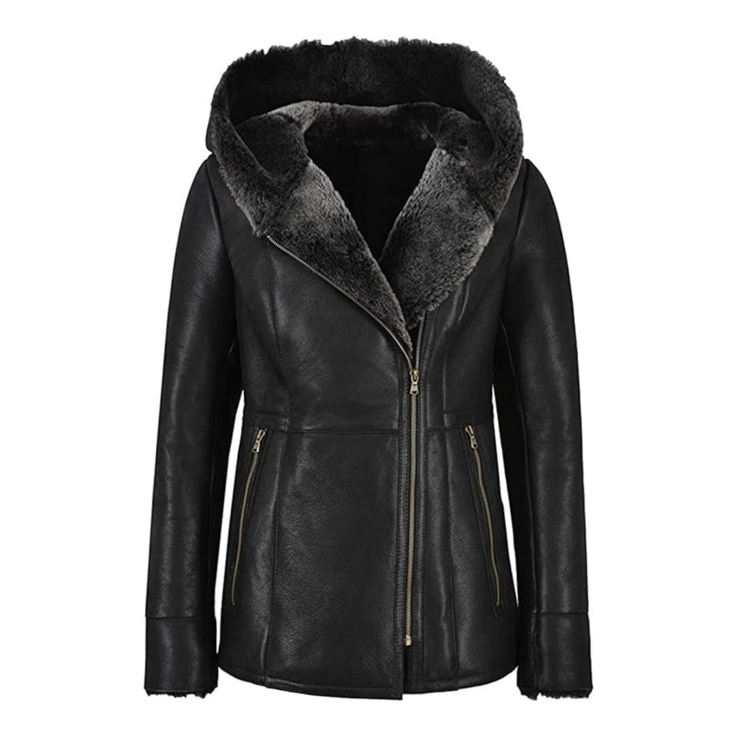 Black leather jacket with fur-lined hood on a white background