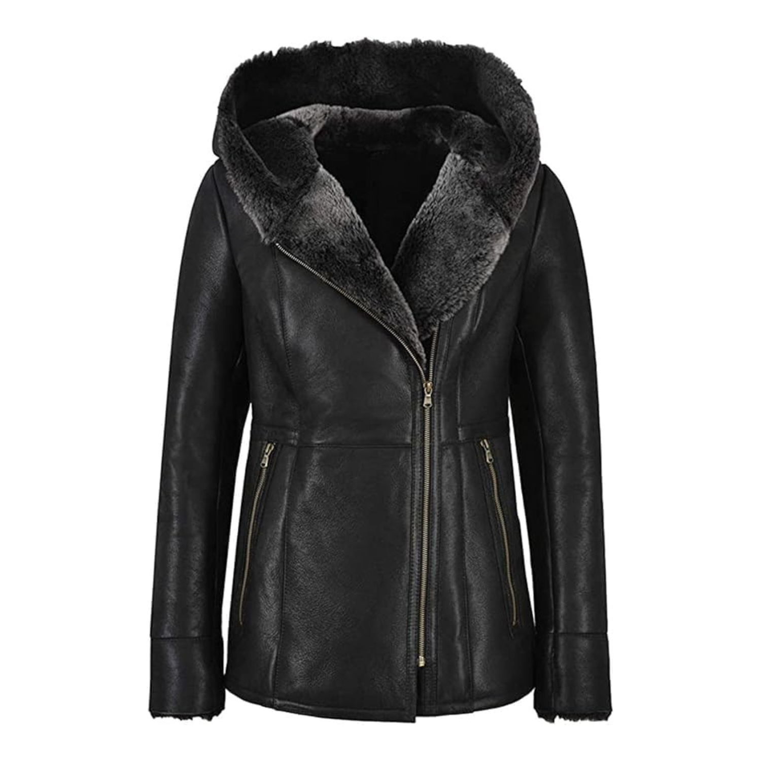 Black leather jacket with fur-lined hood on a white background