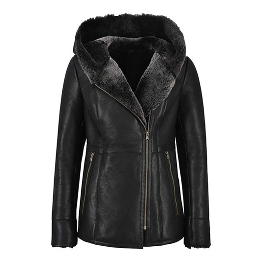 Black leather jacket with fur-lined hood on a white background