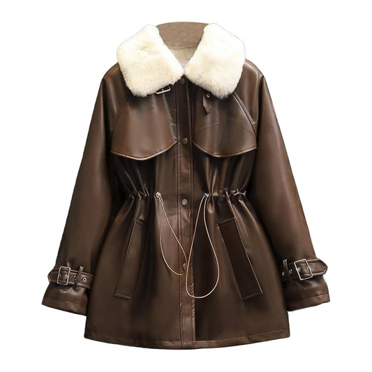 Brown leather coat with white fur collar on a white background
