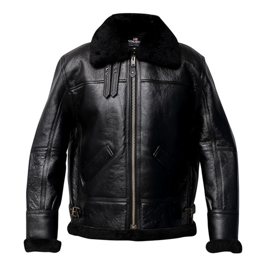 Black leather jacket with fur collar on a white background