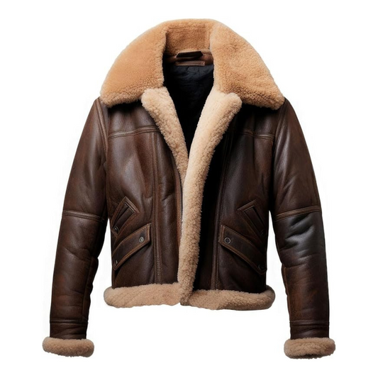 Brown leather jacket with beige fur lining on a white background
