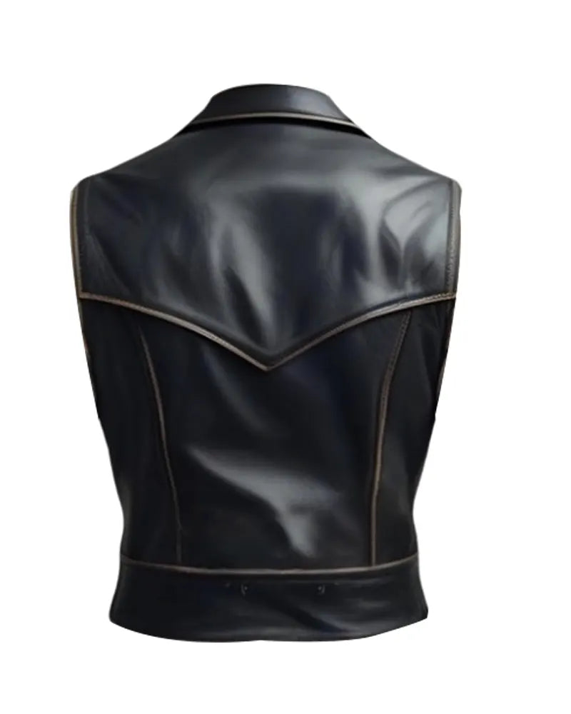 Mens Distressed Black Leather Biker Vest Front View - Vintage Motorcycle Style by Arna Luxe