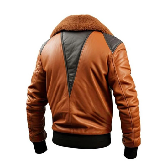 Brown leather jacket with gray panels on a white background