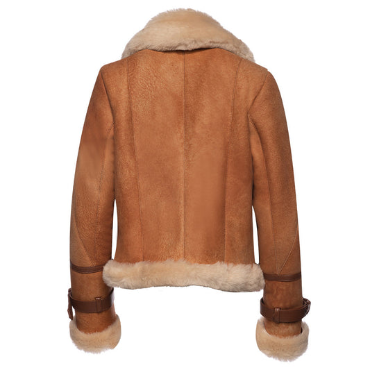 Kristy Vintage Cognac Women’s Cropped Shearling Bomber Jacket