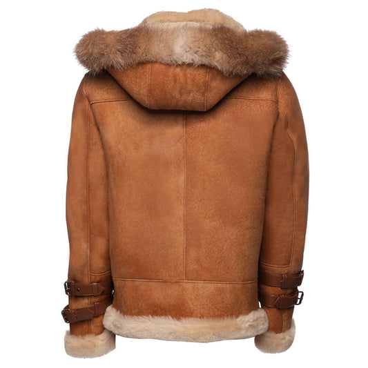 Rocco Vintage Cognac Shearling Aviator Jacket with Fox Fur Hood