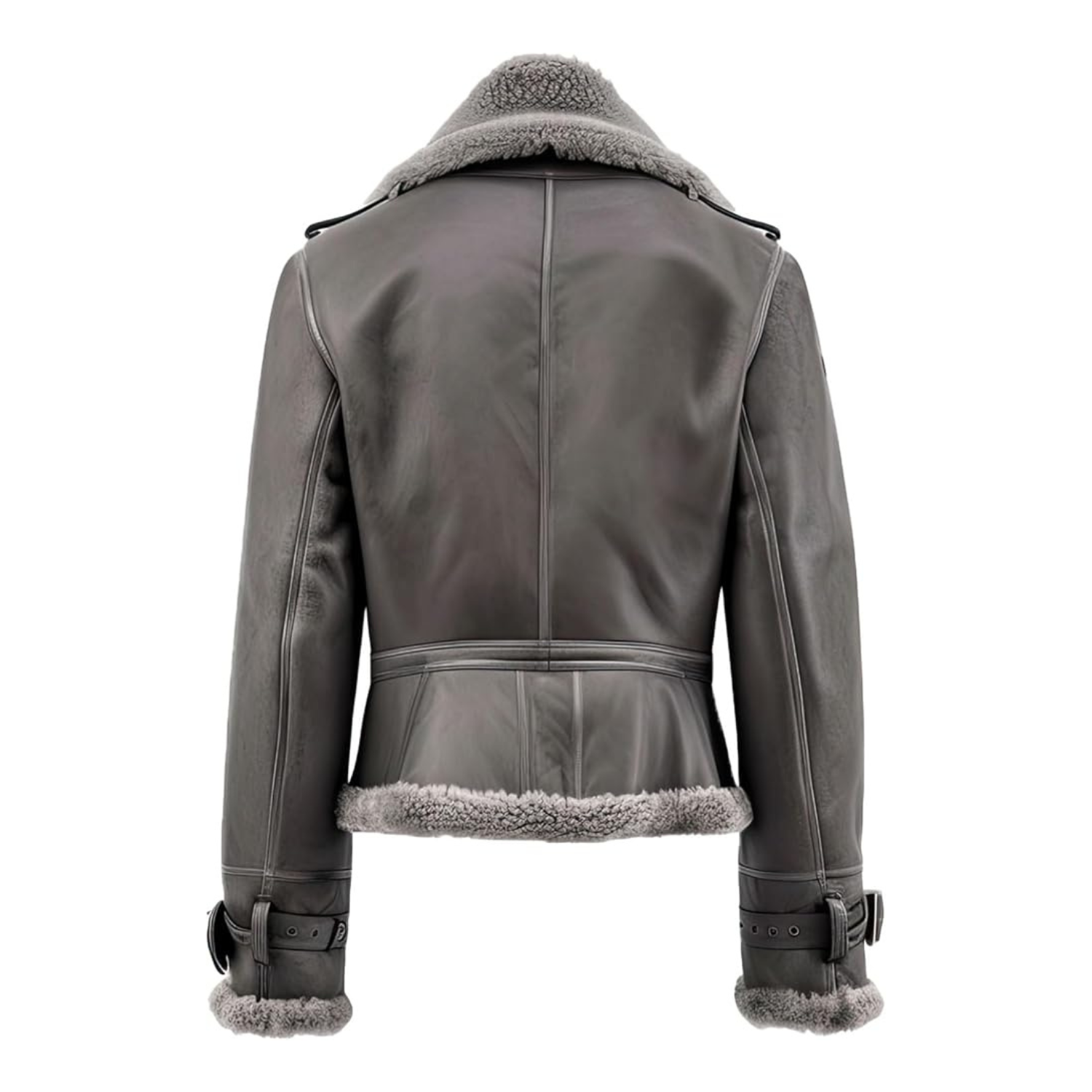 Gray leather jacket with shearling trim on a white background