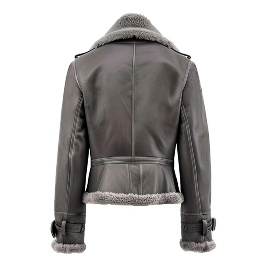 Gray leather jacket with shearling trim on a white background