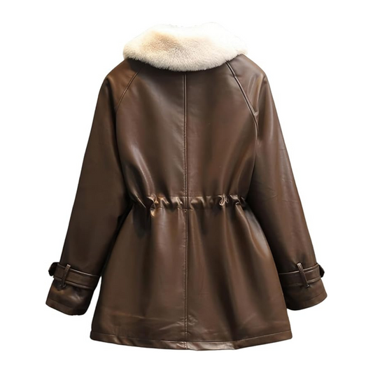 Brown leather coat with white fur collar on a white background