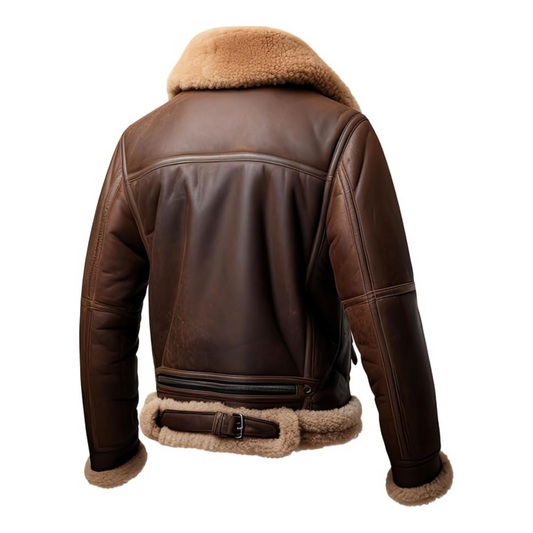 Brown leather jacket with shearling collar and cuffs on a white background