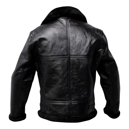 Black leather jacket shown from the back on a white background