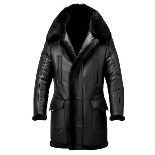 Men’s Black Sheepskin Leather Coat with Sherpa Shearling Faux Fur Lining – Warm & Stylish Winter Outfit