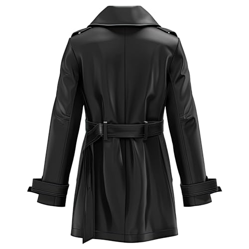 Female’s Black Sheepskin Belted Trench Coat with Lapel Collar – Arna Luxe