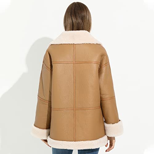 Tan leather jacket with white fur lining on a white background