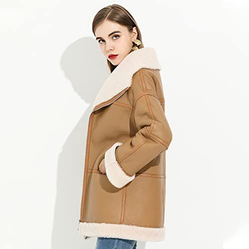 Women’s Camel Brown Sheepskin Sherpa Shearling Faux Fur Aviator Pilot Leather Jacket