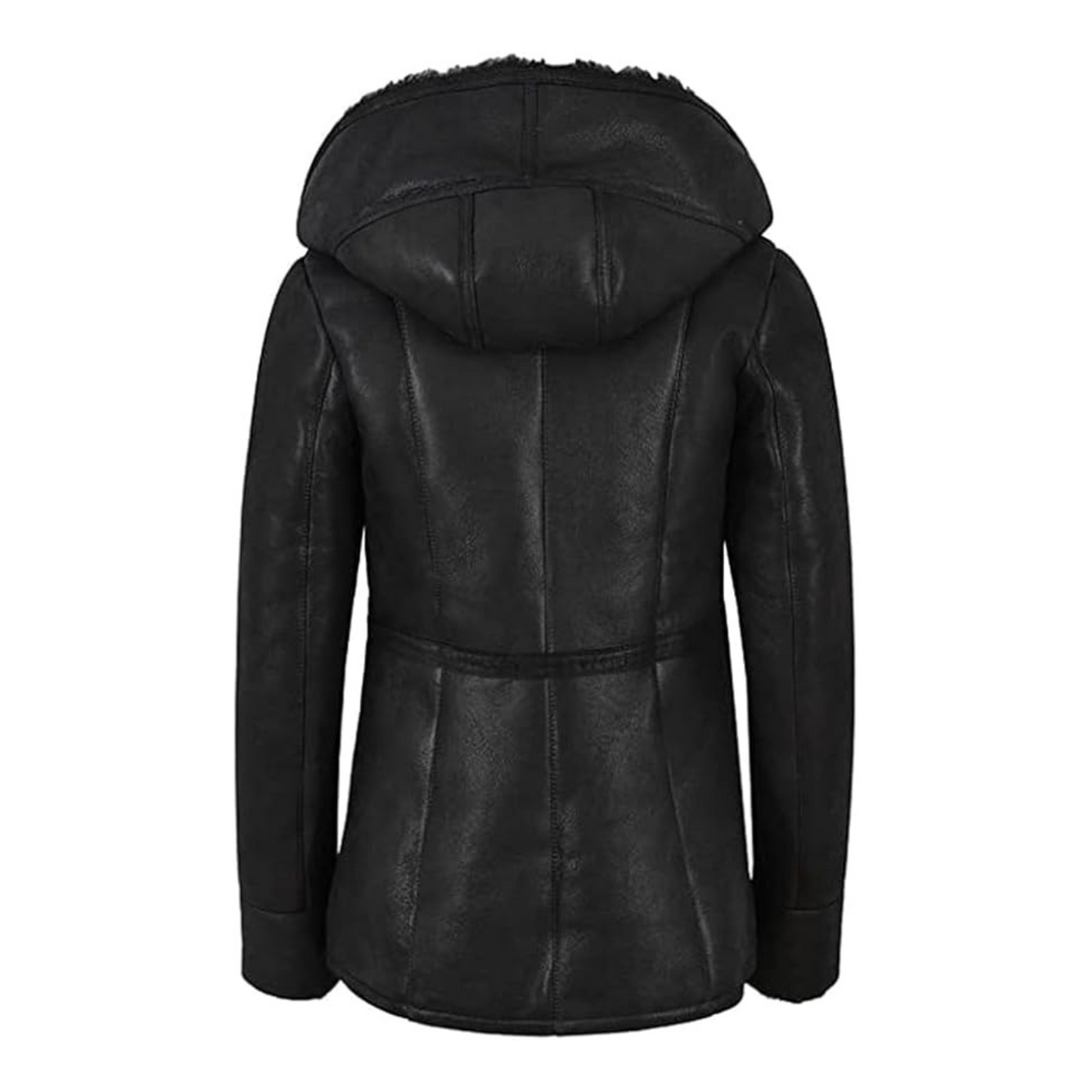 Black leather jacket with a hood on a white background