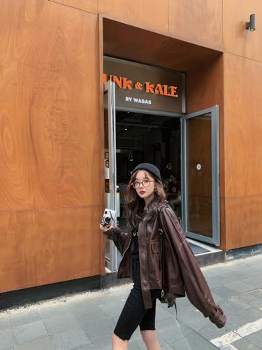 Women’s Brown Oversized Sheepskin Leather Jacket with Stand Collar – Arna Luxe