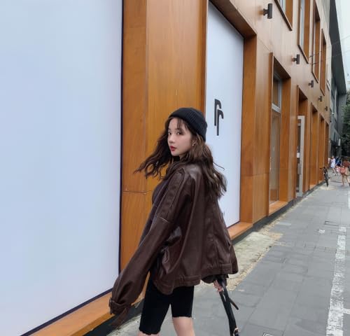 Women’s Brown Oversized Sheepskin Leather Jacket with Stand Collar – Arna Luxe