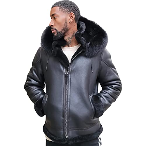 Men’s Black Sheepskin Bomber Jacket with Sherpa Shearling Faux Fur Hood – Winter Leather Outerwear