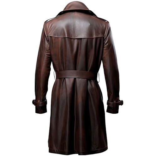 Men's distressed brown sheepskin trench coat with crossover lapel and adjustable waist belt