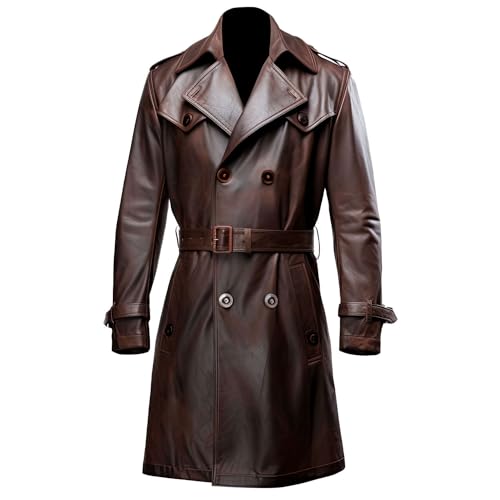 Men's distressed brown sheepskin trench coat with crossover lapel and adjustable waist belt