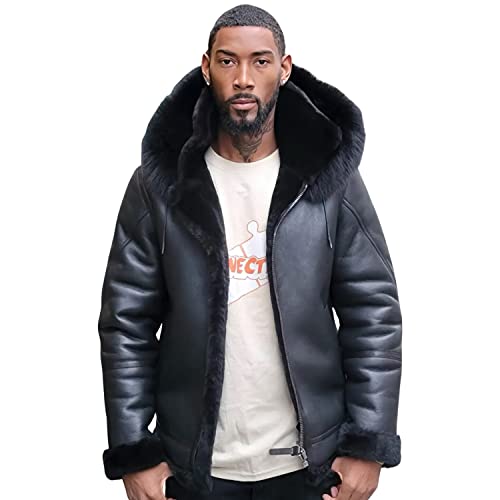 Men’s Black Sheepskin Bomber Jacket with Sherpa Shearling Faux Fur Hood – Winter Leather Outerwear