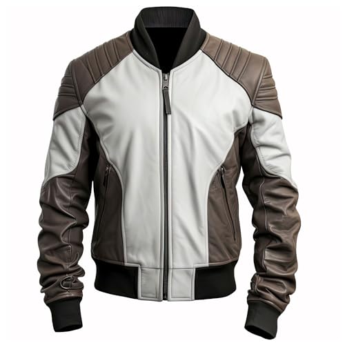 Men’s White Brown Sheepskin Bomber Jacket with Baseball Collar and Quilted Design
