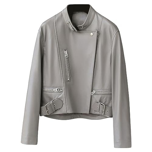 Women’s Grey Sheepskin Biker Leather Jacket – Slim Fit Café Racer
