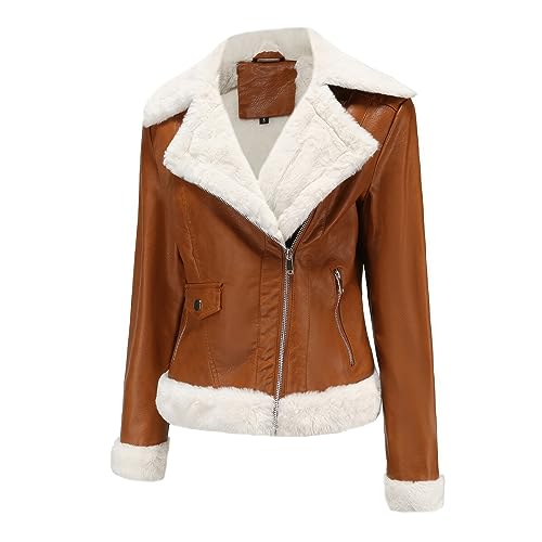 Women’s Brown Sheepskin Shearling Faux Fur Biker Jacket – Arna Luxe