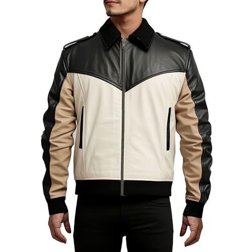 Men’s Beige Black Sheepskin Bomber Jacket – Arna Luxe