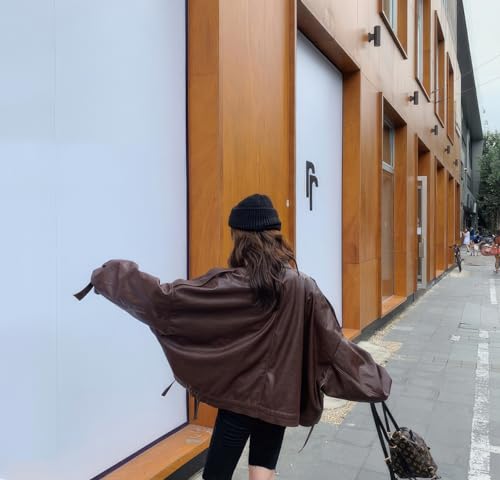 Women’s Brown Oversized Sheepskin Leather Jacket with Stand Collar – Arna Luxe