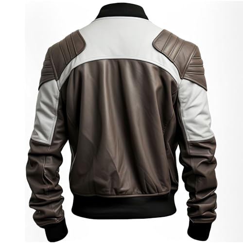 Men’s White Brown Sheepskin Bomber Jacket with Baseball Collar and Quilted Design