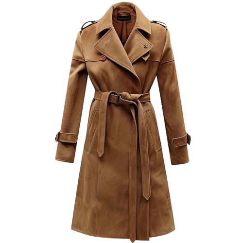 Lady’s Brown Suede Double-Breasted Midi Trench Coat with Belt – Arna Luxe