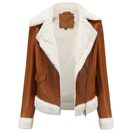 Women’s Brown Sheepskin Shearling Faux Fur Biker Jacket – Arna Luxe