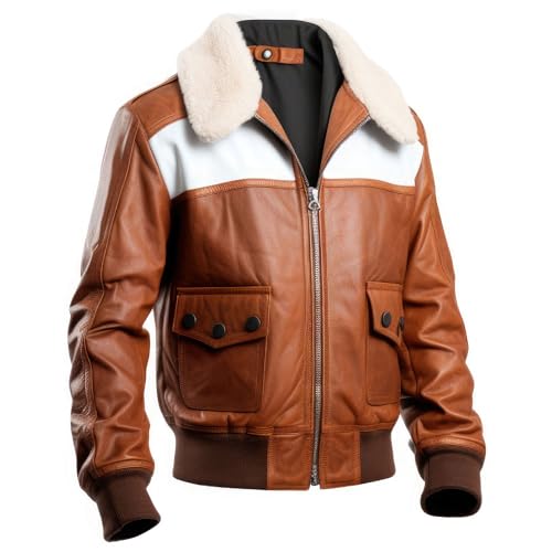 Men’s Brown White Sheepskin Aviator Bomber Jacket with Faux Fur Collar