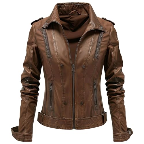 Women’s Brown Sheepskin Biker Leather Jacket – Slim Fit Shirt Collar