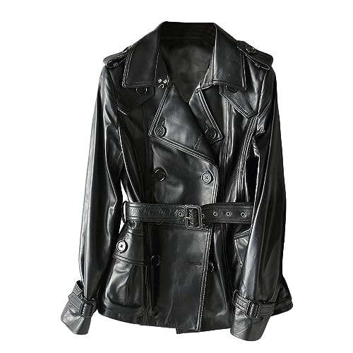 Women’s Black Sheepskin Double-Breasted Leather Trench Coat – Arna Luxe