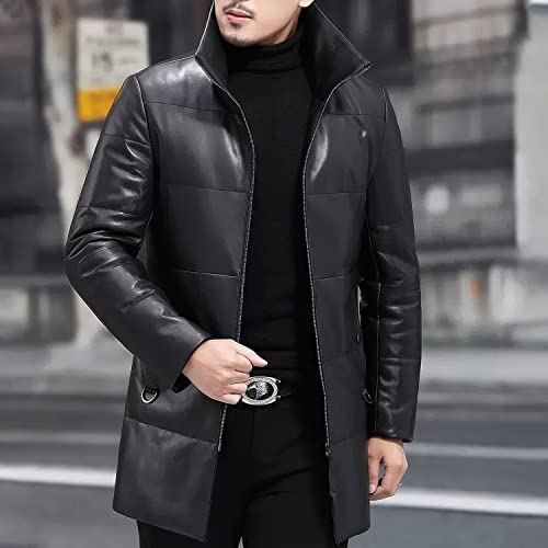Man wearing a black leather jacket on a city street.