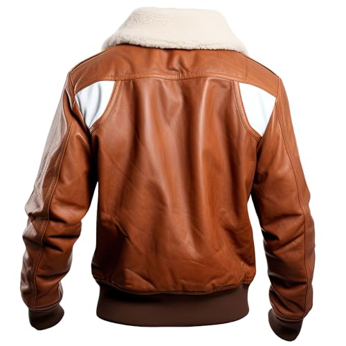 Men’s Brown White Sheepskin Aviator Bomber Jacket with Faux Fur Collar