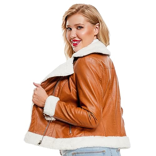 Women’s Brown Sheepskin Shearling Faux Fur Biker Jacket – Arna Luxe