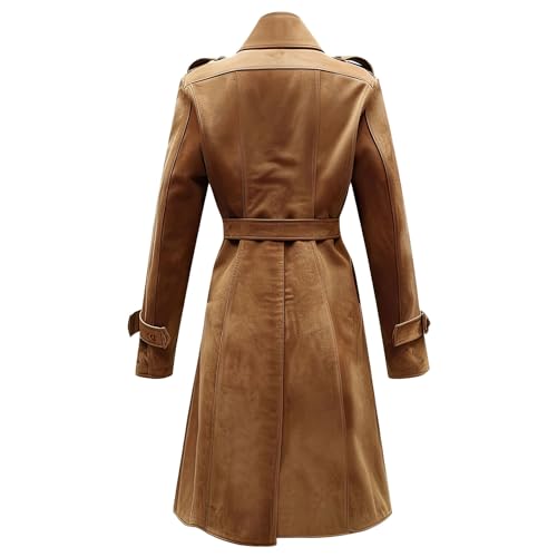 Lady’s Brown Suede Double-Breasted Midi Trench Coat with Belt – Arna Luxe