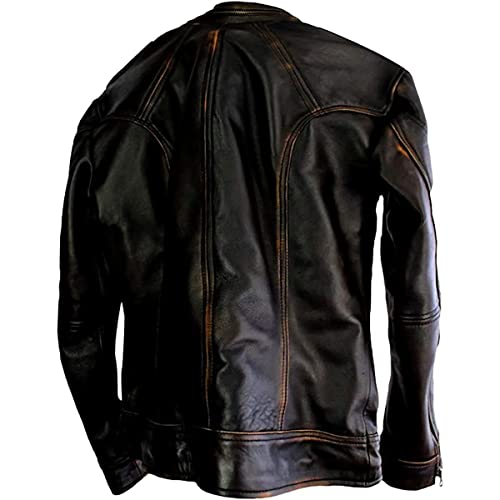 Men’s Vintage Black Brown Distressed Cafe Racer Slim Fit Leather Biker Jacket