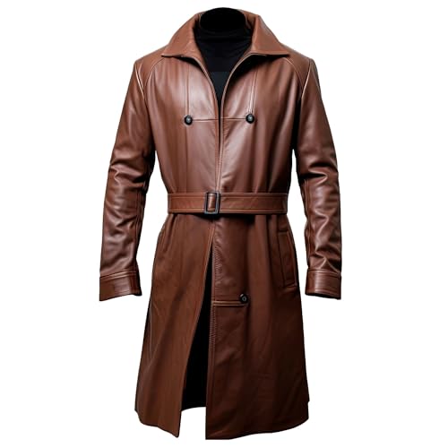 Men’s brown sheepskin leather trench coat with belt