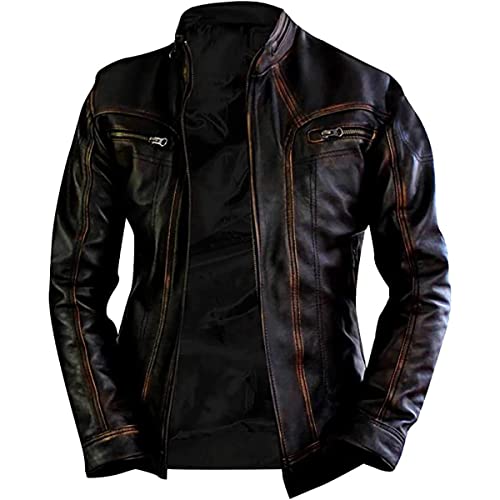 Men’s Vintage Black Brown Distressed Cafe Racer Slim Fit Leather Biker Jacket