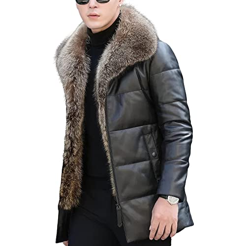 Men’s Black Genuine Sheepskin Sherpa Shearling Faux Fur Lined Thick Warm Slim Fit Padded Leather Puffer Jacket