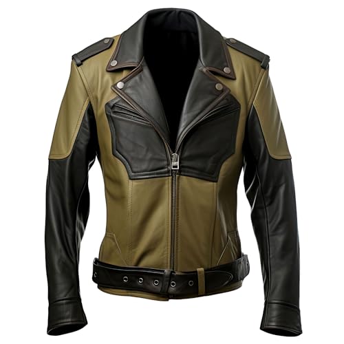 Men’s Olive Green Black Sheepskin Slim-Fit Biker Jacket | ArnaLuxe