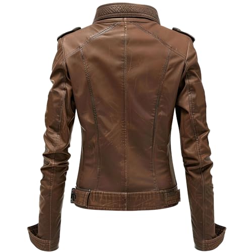 Women’s Brown Sheepskin Biker Leather Jacket – Slim Fit Shirt Collar